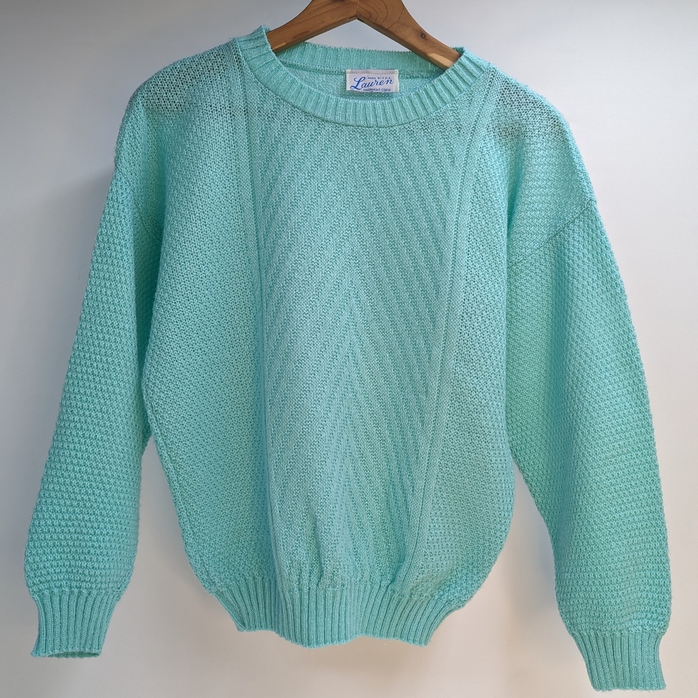 Vintage Lauren Knitwear Cop. Sweater made in USA Light Aqua/Mint color Excellent
